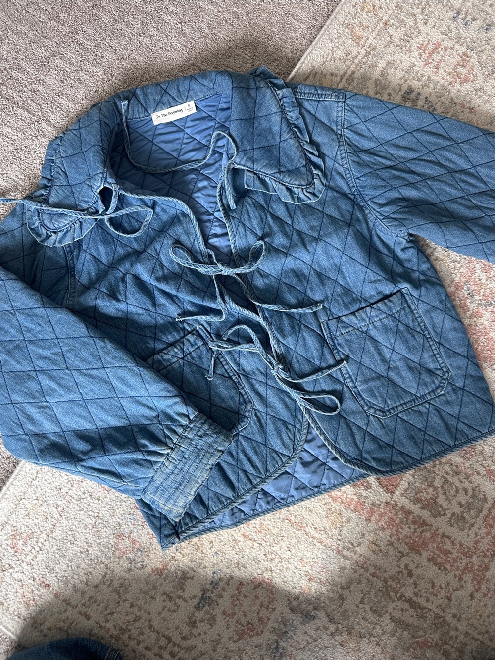 Quilted Blue womens Jacket with 3 Tie Front